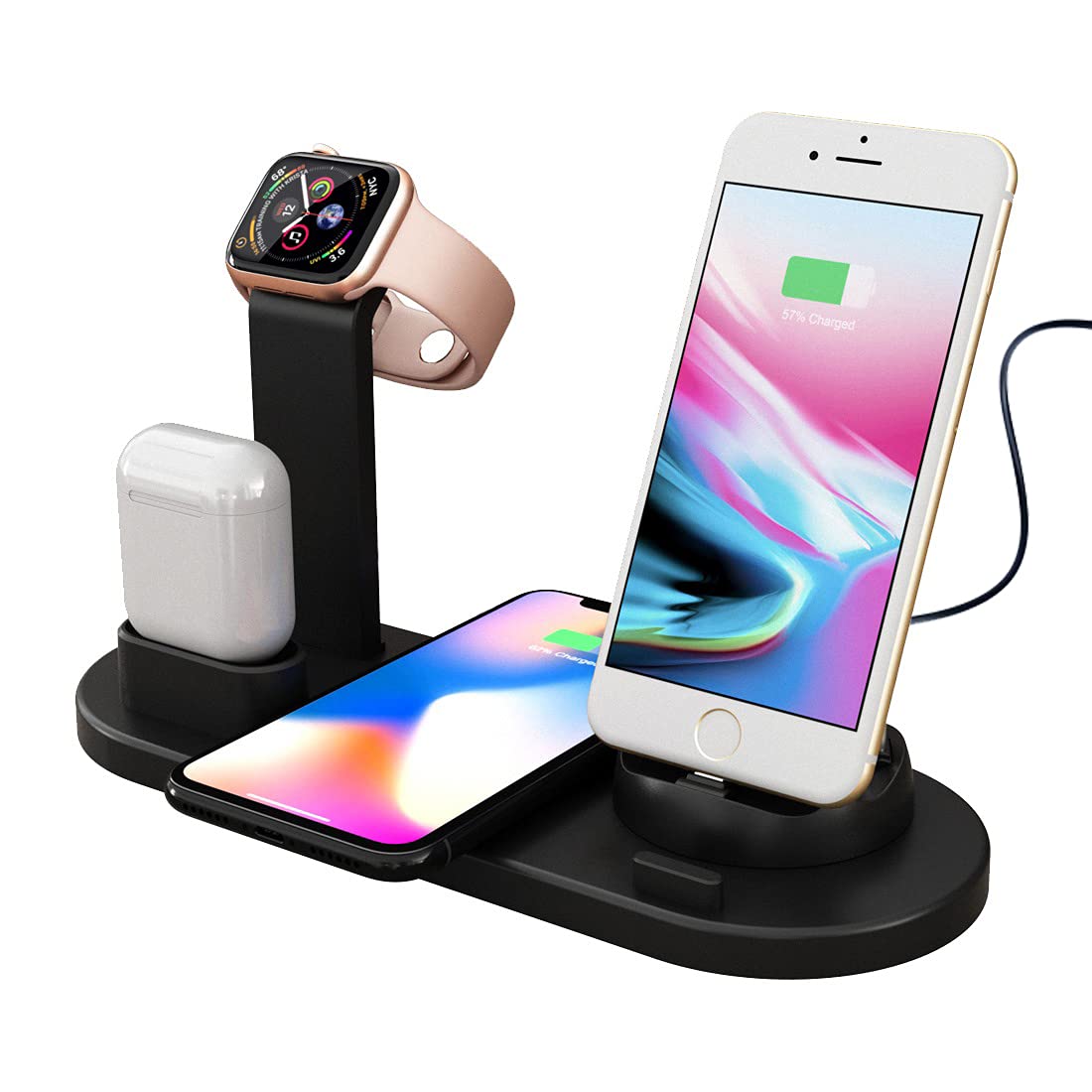 Wireless Charger Stand, 6 in 1 Multi-Function Wireless Charging Station Dock  for Apple Watch Airpods, Qi Fast Wireless Charger Holder Pad for iPhone 11  Pro Max X XS XR and Smartphone